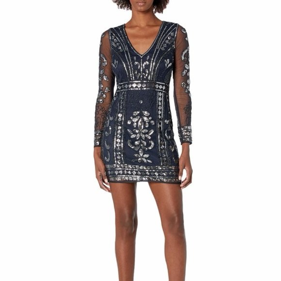 Minuet Navy Sequin & Beaded Cocktail Dress Size Small